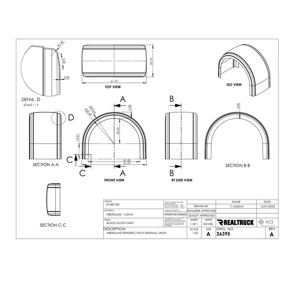 Black Fiberglass Single Axle Fender with 3" Side Drop