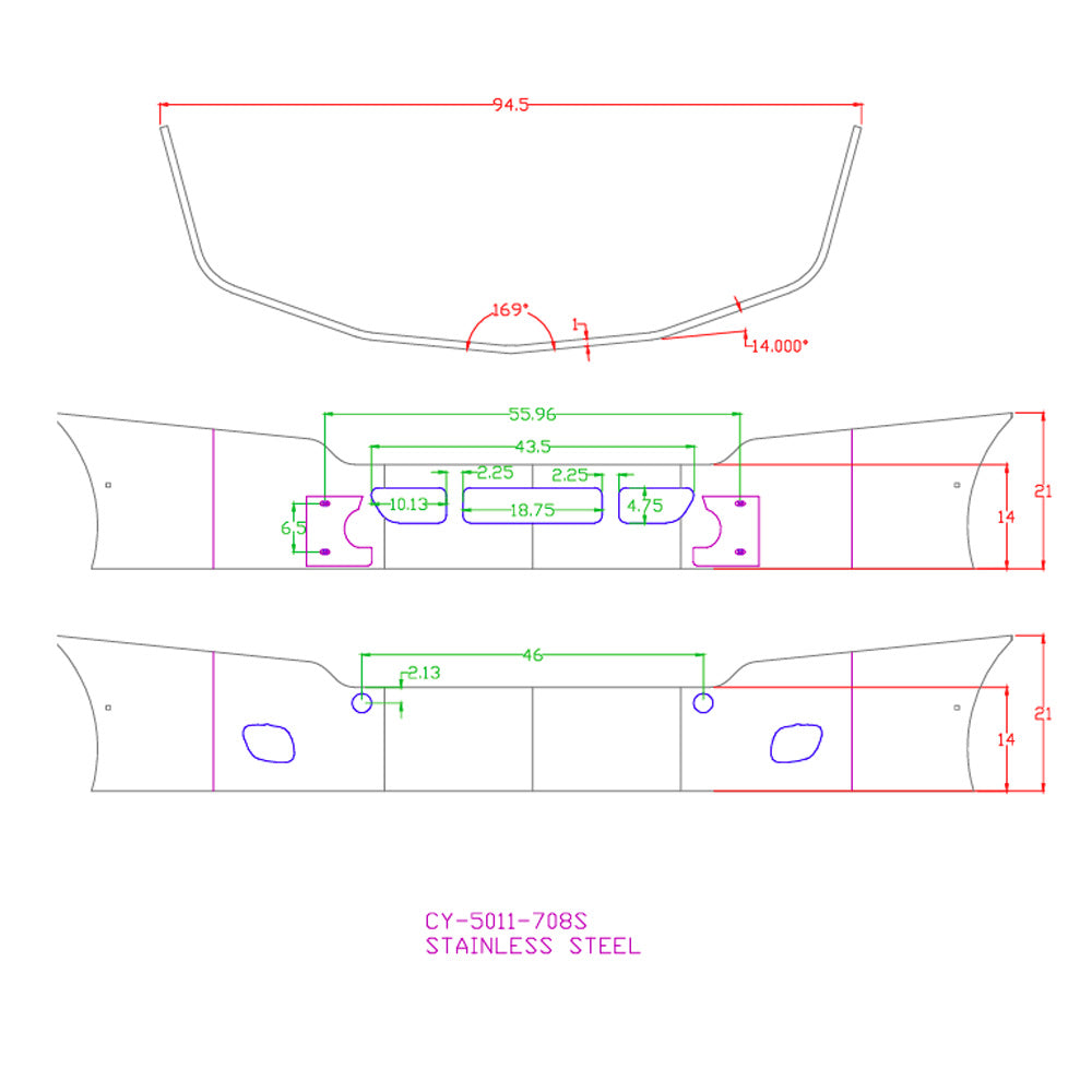FL Cascadia 2008-2017 SS Bumper with Fog, Tow and Vent Holes