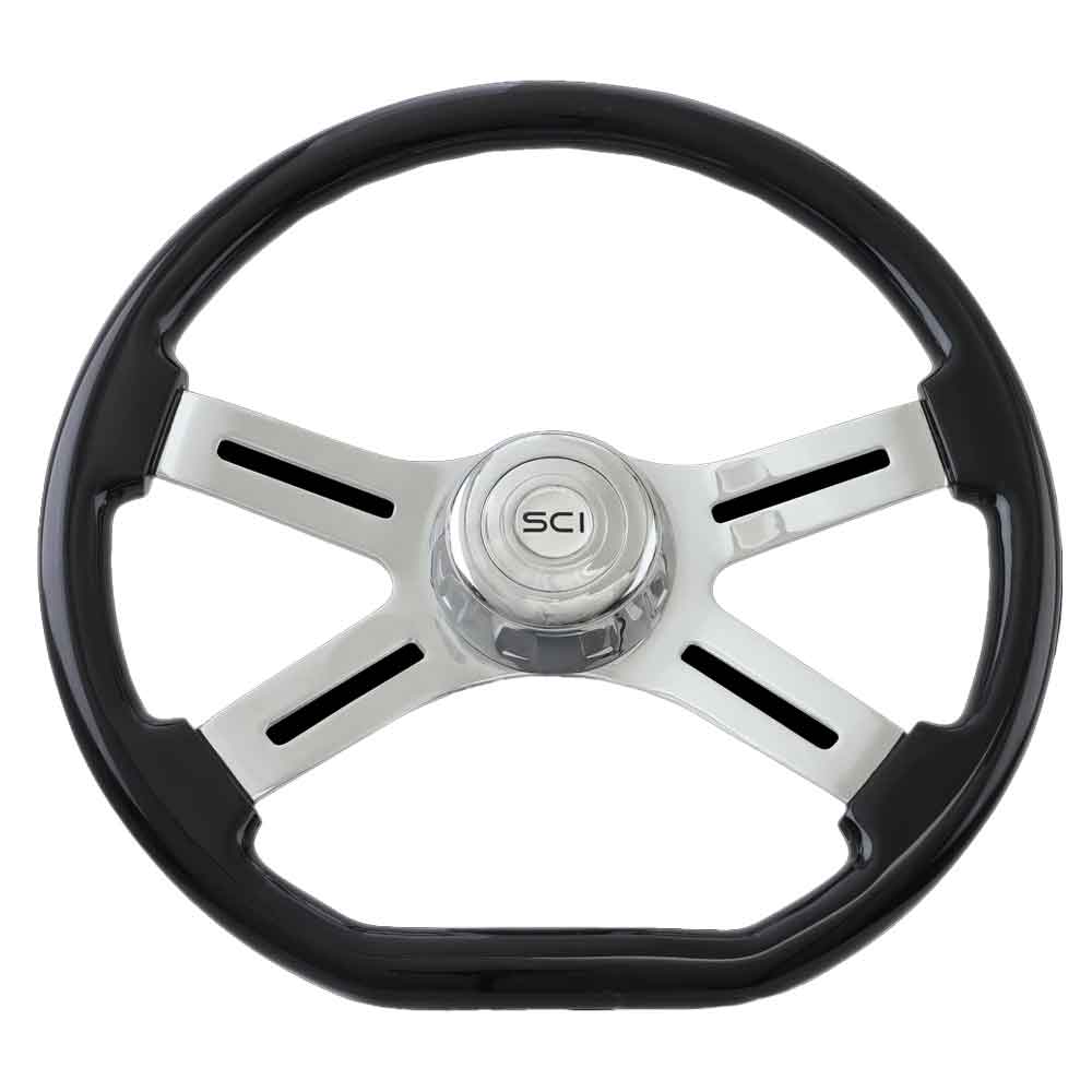 18" D-Lux Black 4 Spoke Steering Wheel with Chrome Horn and Bezel