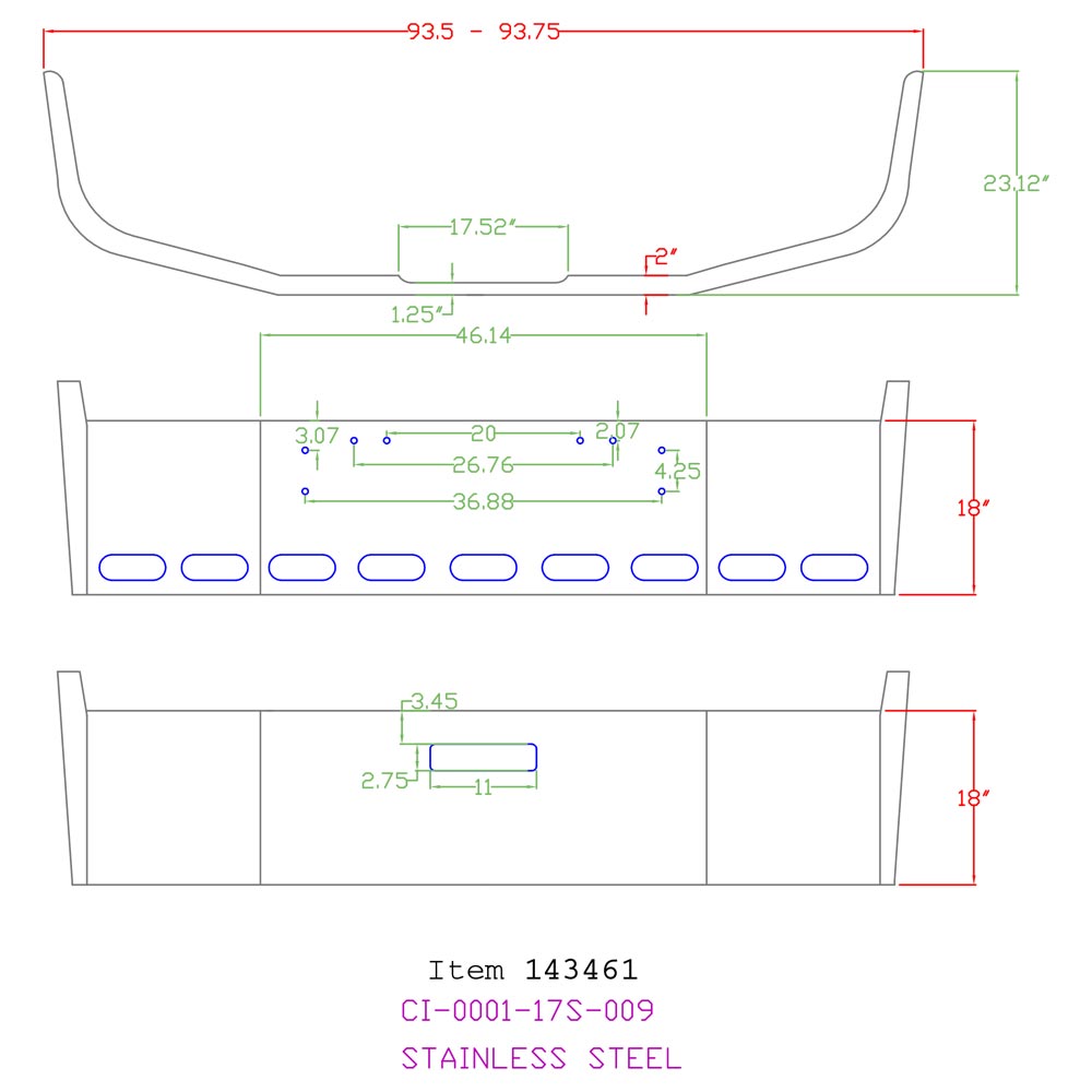 Freightliner FLD 120 18" Set Back Stainless Bumper