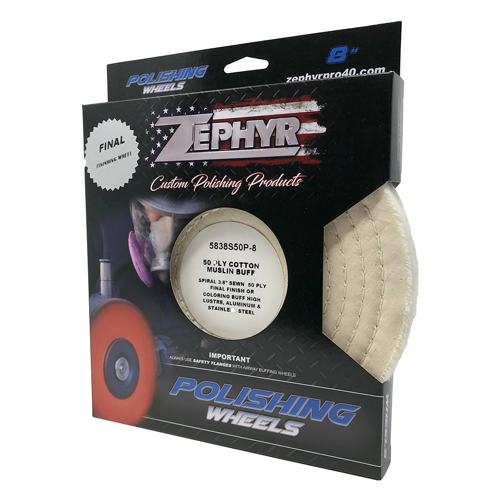 Zephyr 8" White Cotton Muslin 50-Ply Buffing Wheel