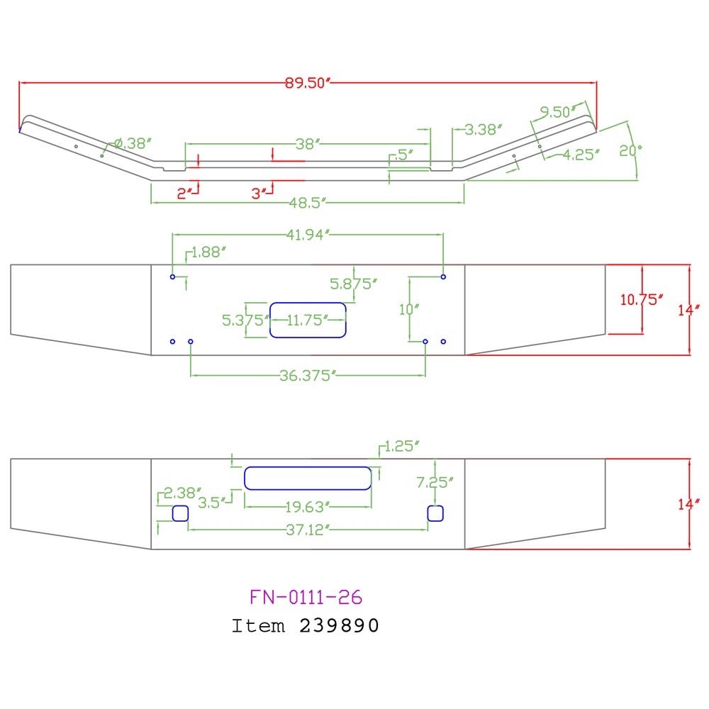 Kenworth T800B, T880 14" Open-End Tapered Chrome Bumper