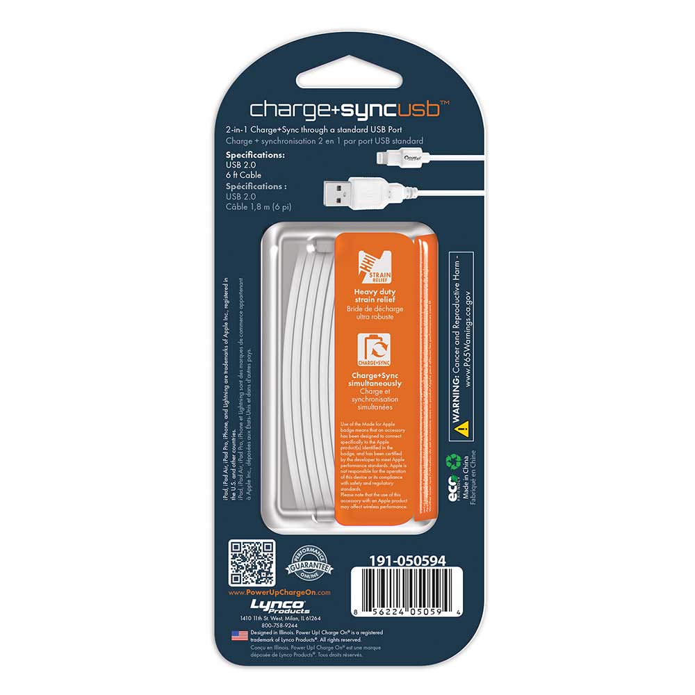 White 6 Foot USB Cable-MFI Apple Lightning 8-Pin