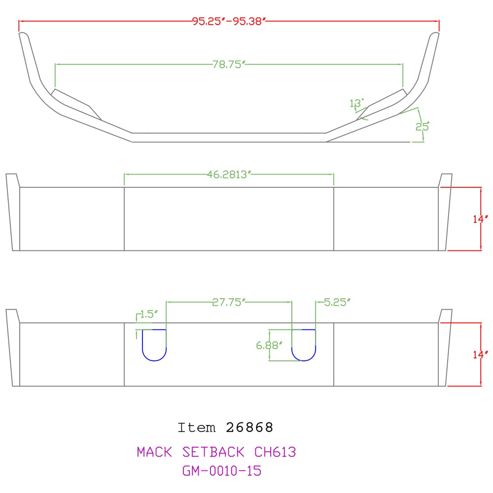 14" Set Back Chrome Bumper for Mack CH 1994 and older