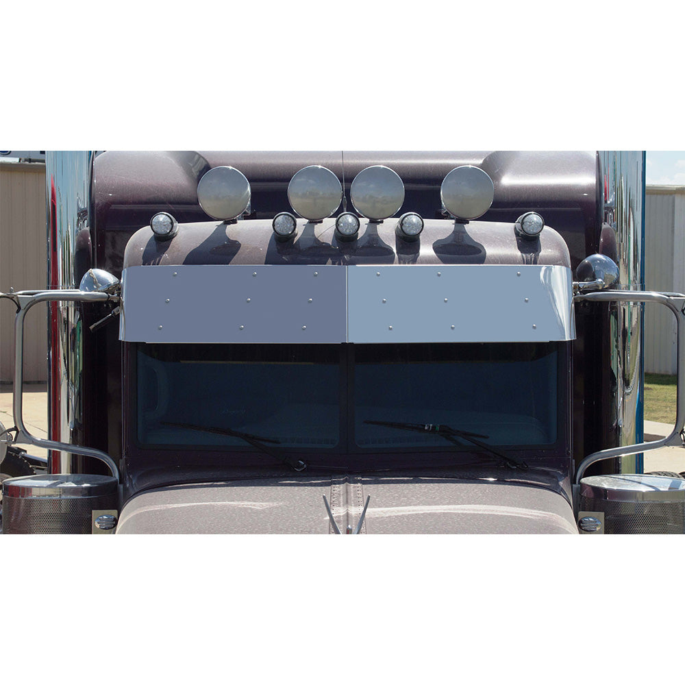 Peterbilt Ultra Cab 2005+ 14" Drip Rail Drop Visor Stainless Steel for Cab Mounted Mirrors
