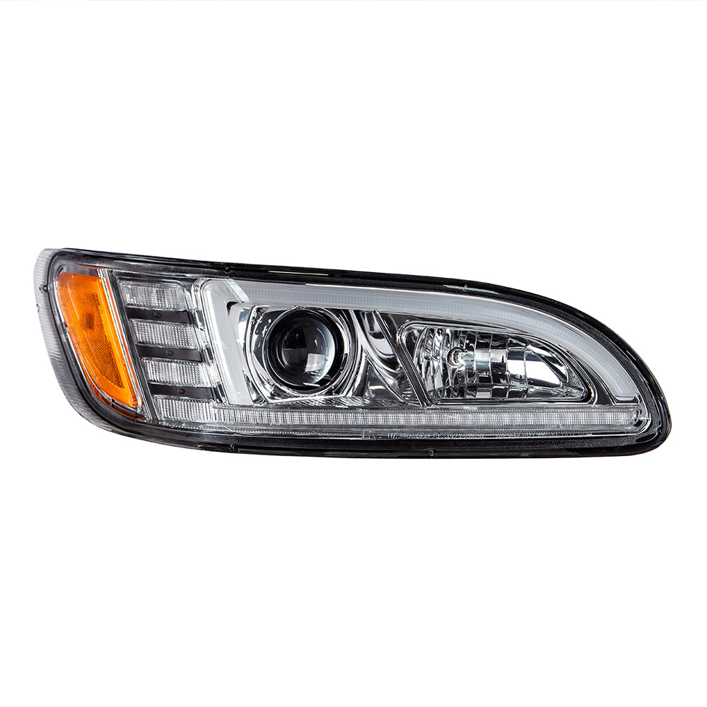 Peterbilt 382, 384, 386, 387 Chrome Projection Headlight with LED DRL and Sequential Turn Signal