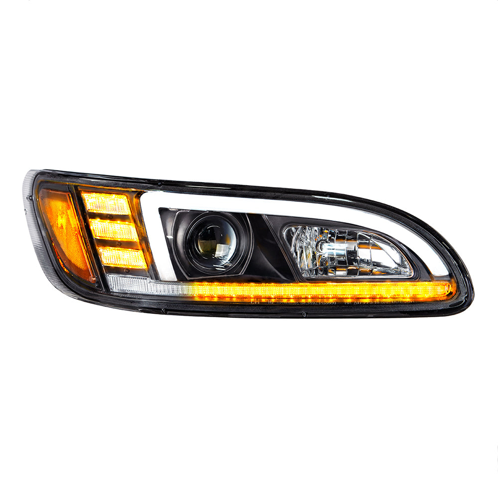 Peterbilt 382, 384, 386, 387 Black Projection Headlight with LED DRL and Sequential Turn Signal