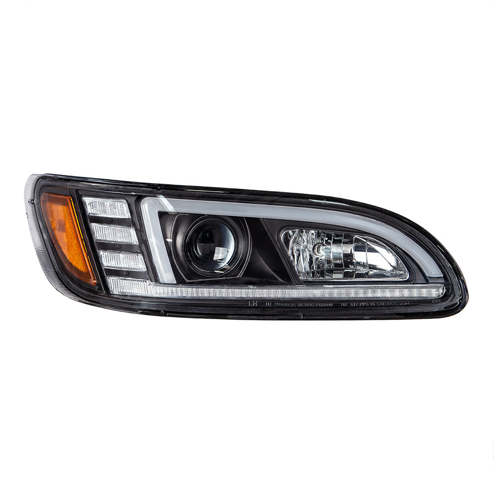 Peterbilt 382, 384, 386, 387 Black Projection Headlight with LED DRL and Sequential Turn Signal