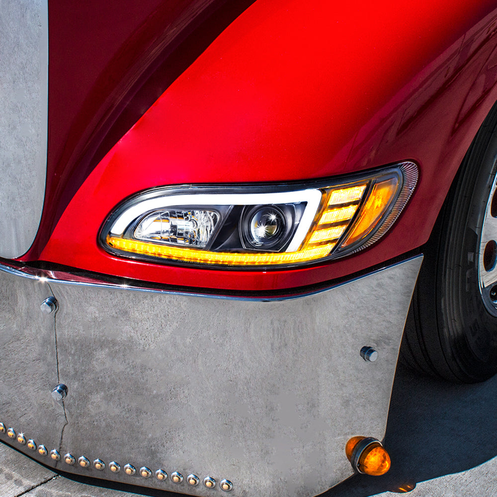 Peterbilt 382, 384, 386, 387 Black Projection Headlight with LED DRL and Sequential Turn Signal