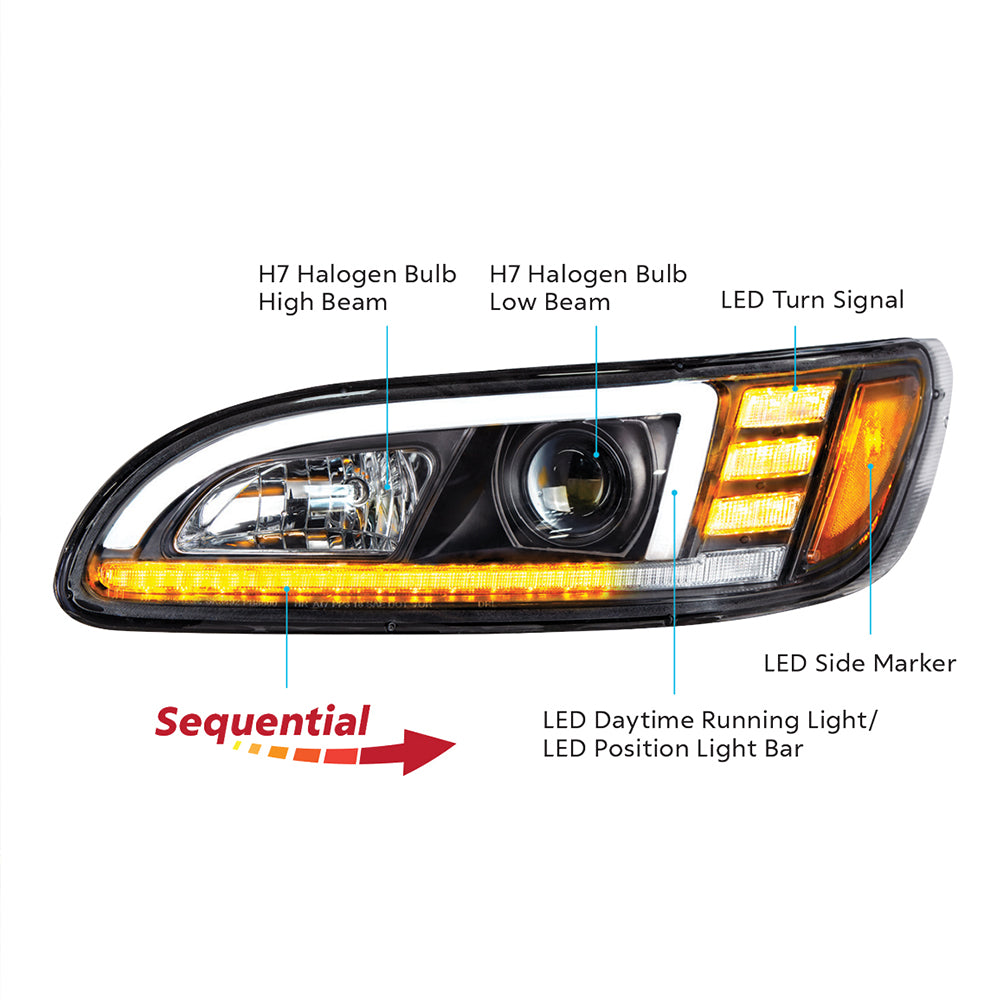 Peterbilt 382, 384, 386, 387 Black Projection Headlight with LED DRL and Sequential Turn Signal