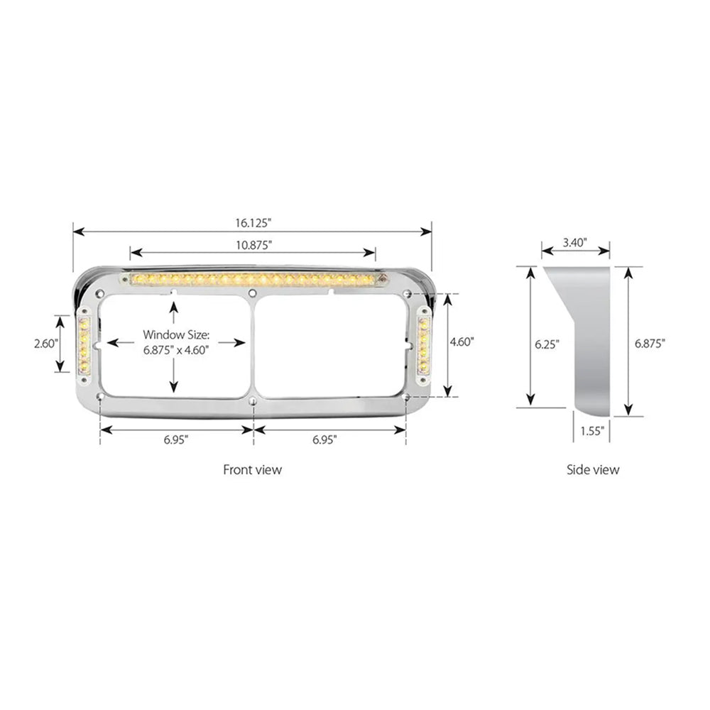 Dual Rectangular Headlight Bezel w/ Visor Amber LED Lights w/ Amber Lens