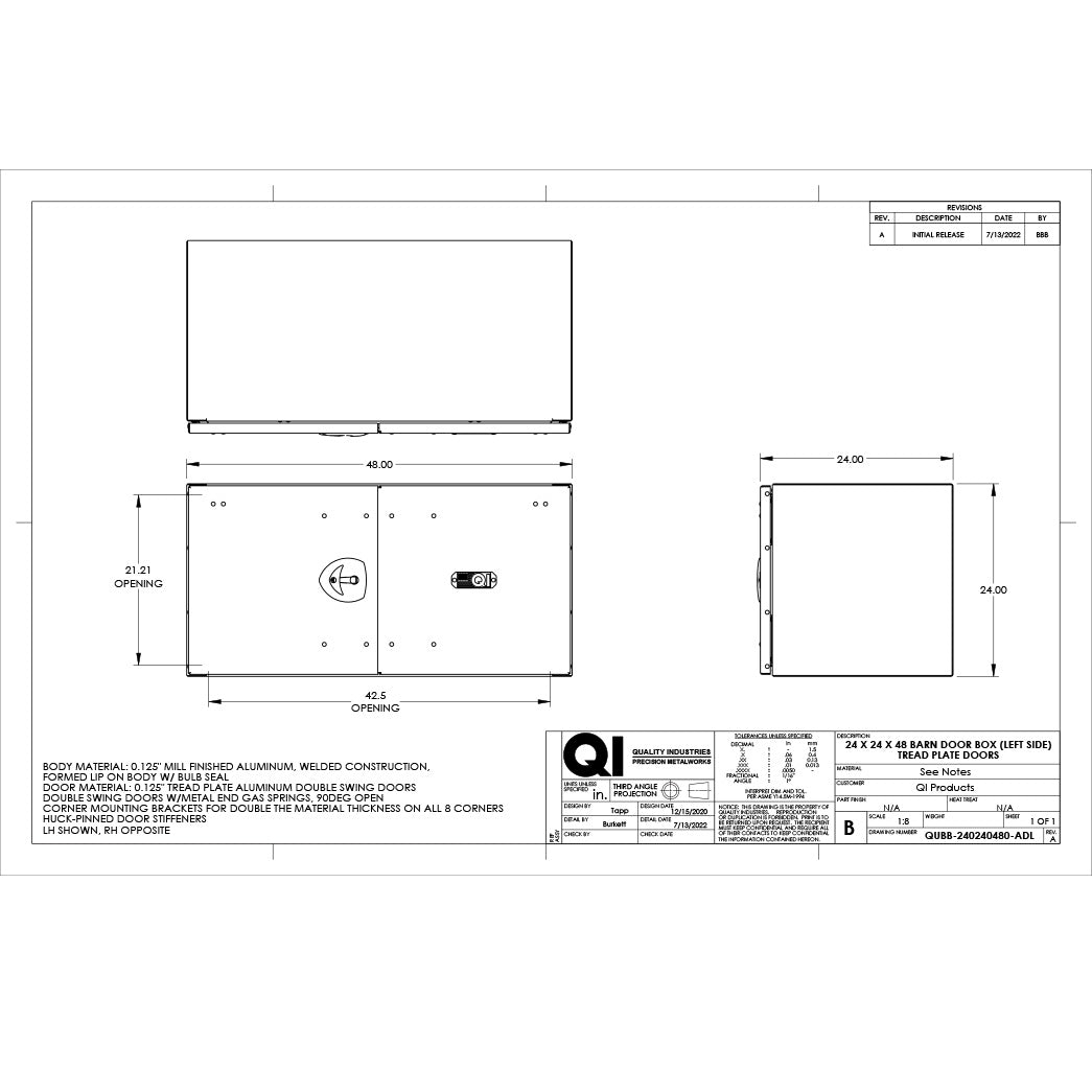 24" x 24" x 48" Aluminum Box with Diamond Barn Doors with Gas Shocks, Driver Side