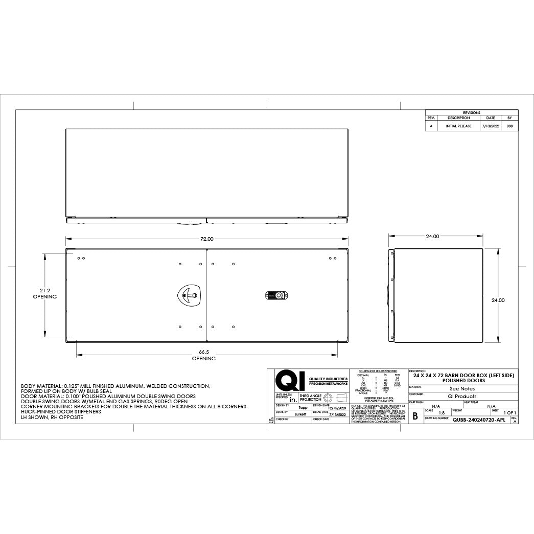 24" x 24" x 72" Aluminum Box with Polished Barn Doors with Gas Shocks - Driver Side