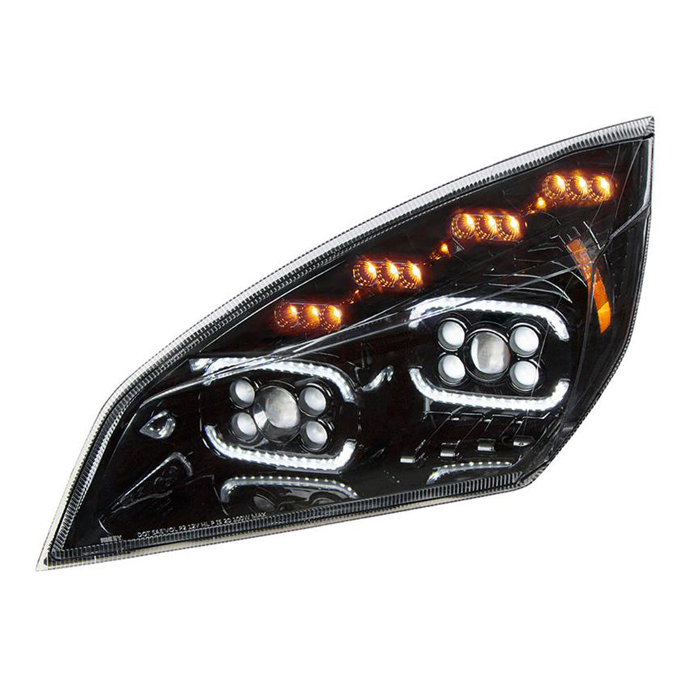Freightliner Cascadia 2018+ Black Inner Housing High Power LED Projector Headlight with LED Sequential Turn and DRL