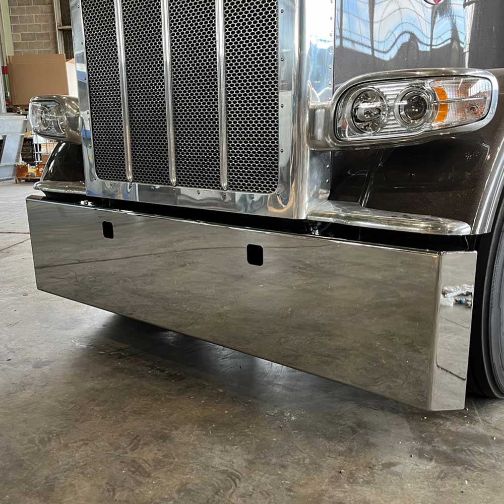 Peterbilt 365, 367, 388, 389, 567 and Kenworth W990 18" Mitered Chrome Plated Blind Mount Bumper with Tow Hole Cutouts