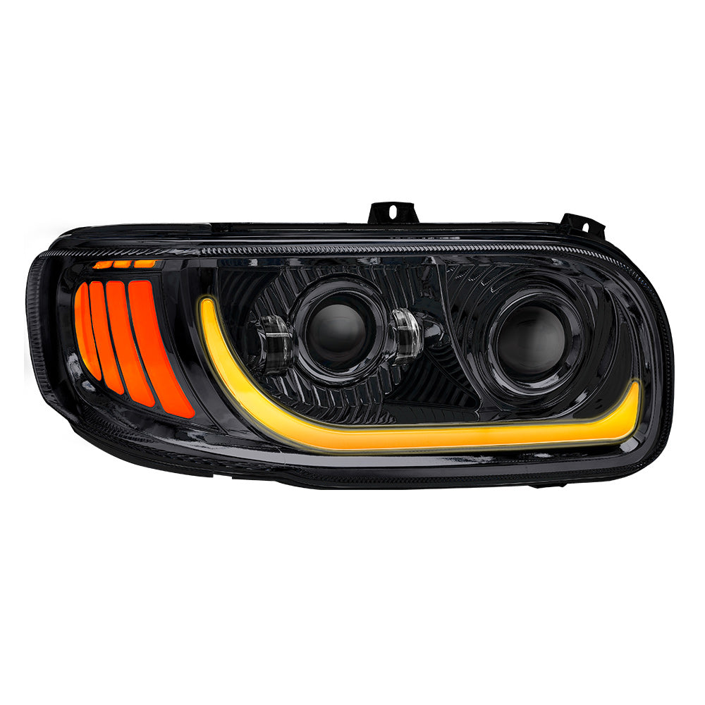Peterbilt 367, 388, 389, 567 Black Inner Housing LED Projector Headlight with Dual Function Accent