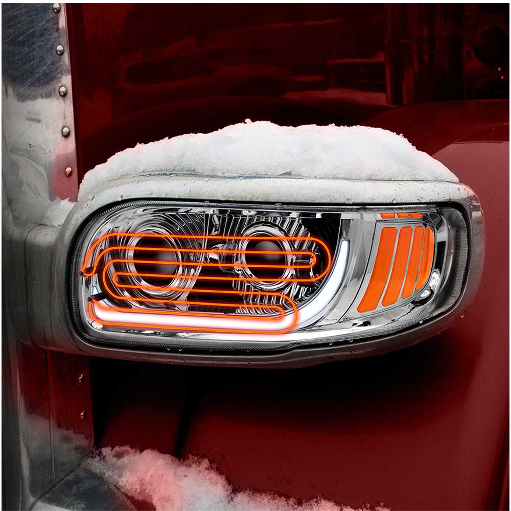 Peterbilt 367, 388, 389, 567 Chrome Inner Housing LED Projector Heated Headlight with Dual Function