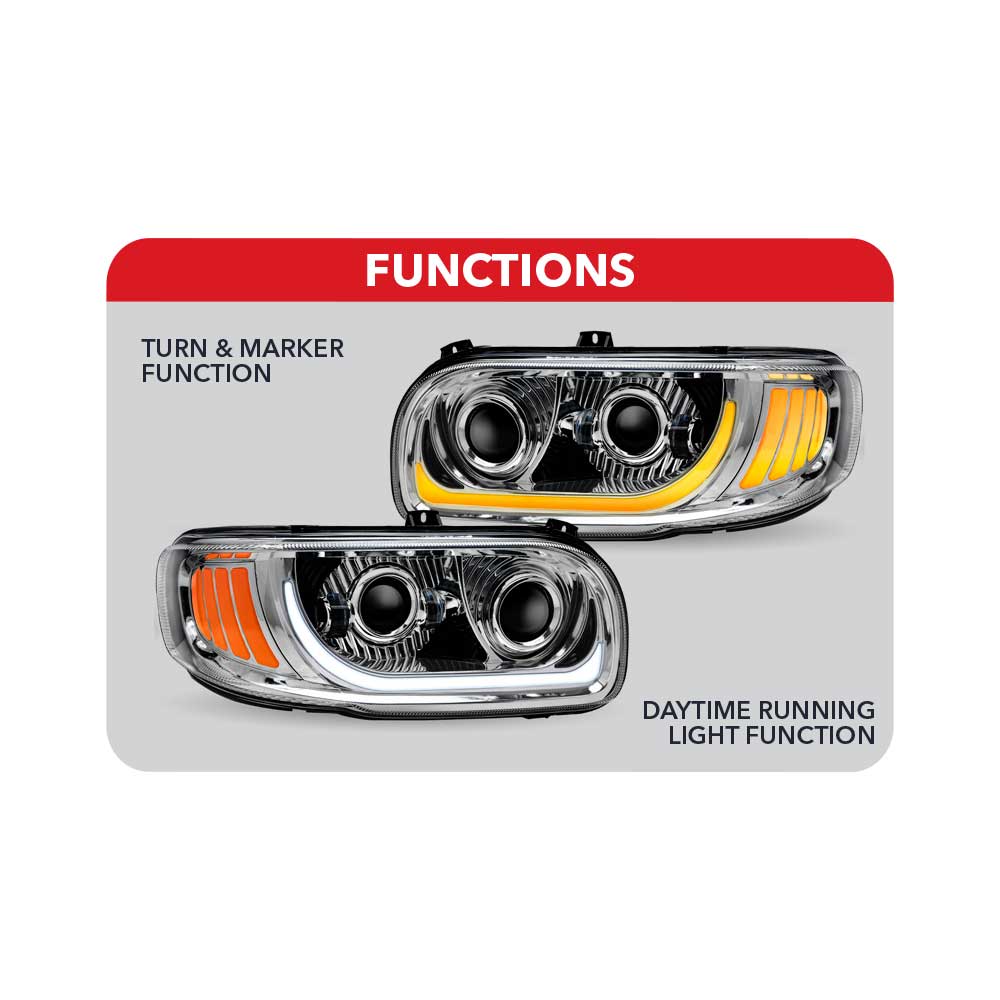 Peterbilt 367, 388, 389, 567 Chrome Inner Housing LED Projector Heated Headlight with Dual Function