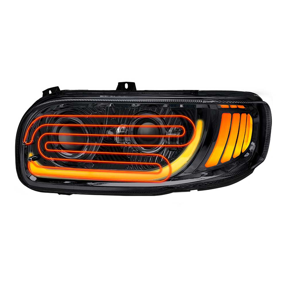 Peterbilt 367, 388, 389, 567 Black Inner Housing LED Projector Heated Headlight with Dual Function