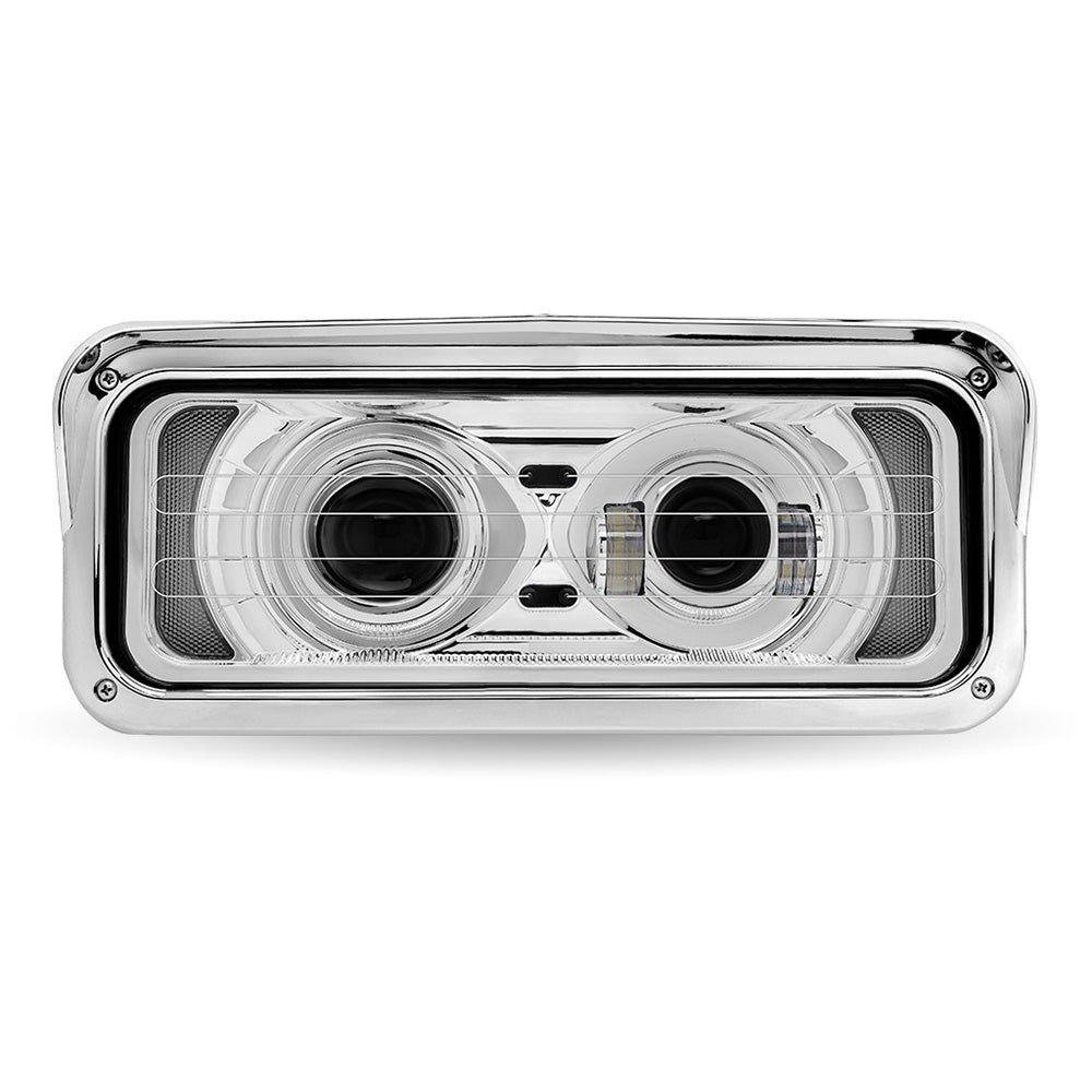 Chrome LED Projector Headlight Assembly with Heated Lens, Backlit Auxiliary & Housing Bucket