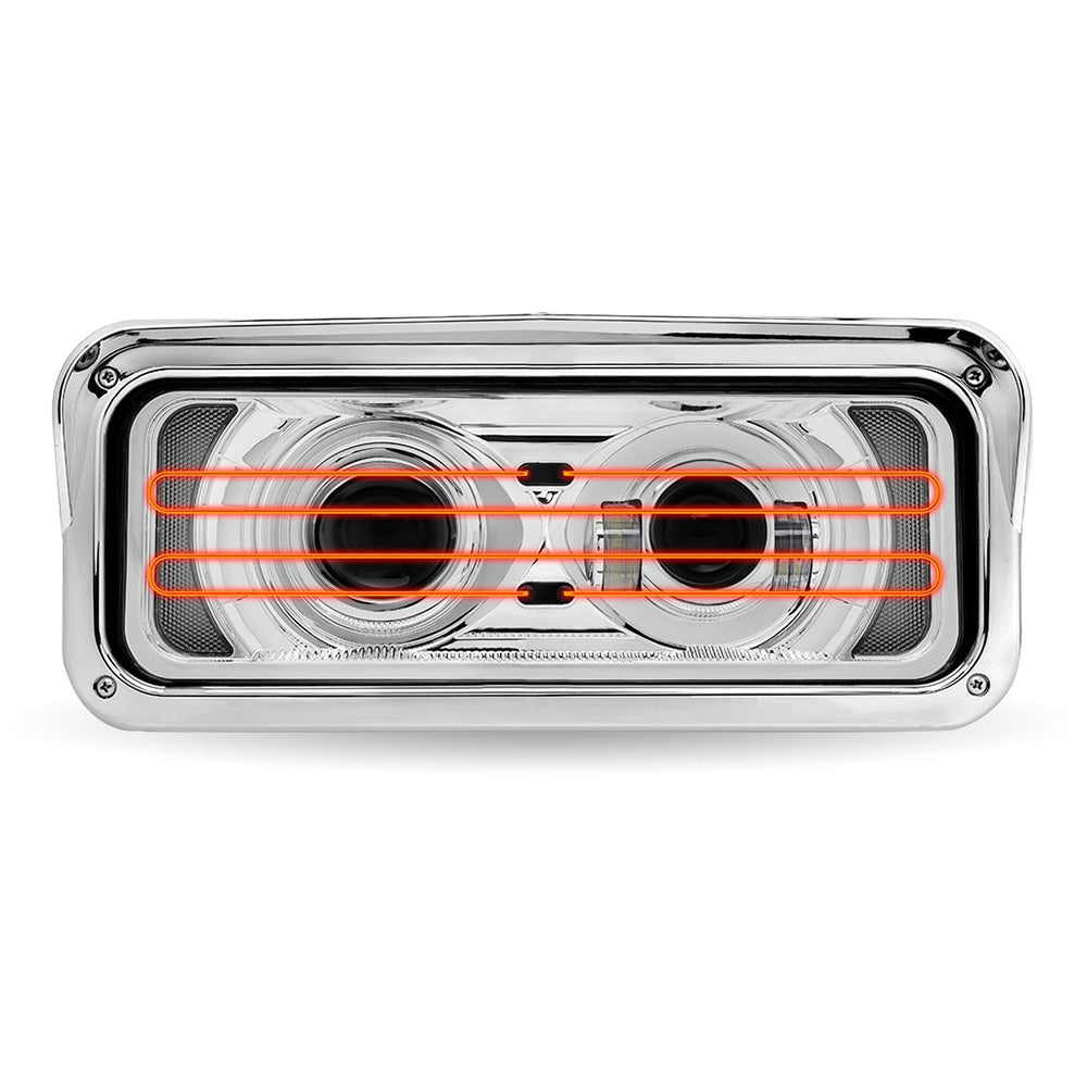 Chrome LED Projector Headlight Assembly with Heated Lens, Backlit Auxiliary & Housing Bucket