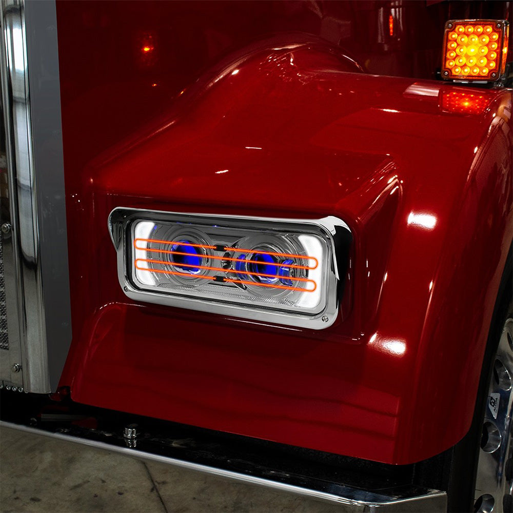 Chrome LED Projector Headlight Assembly with Heated Lens, Backlit Auxiliary & Housing Bucket