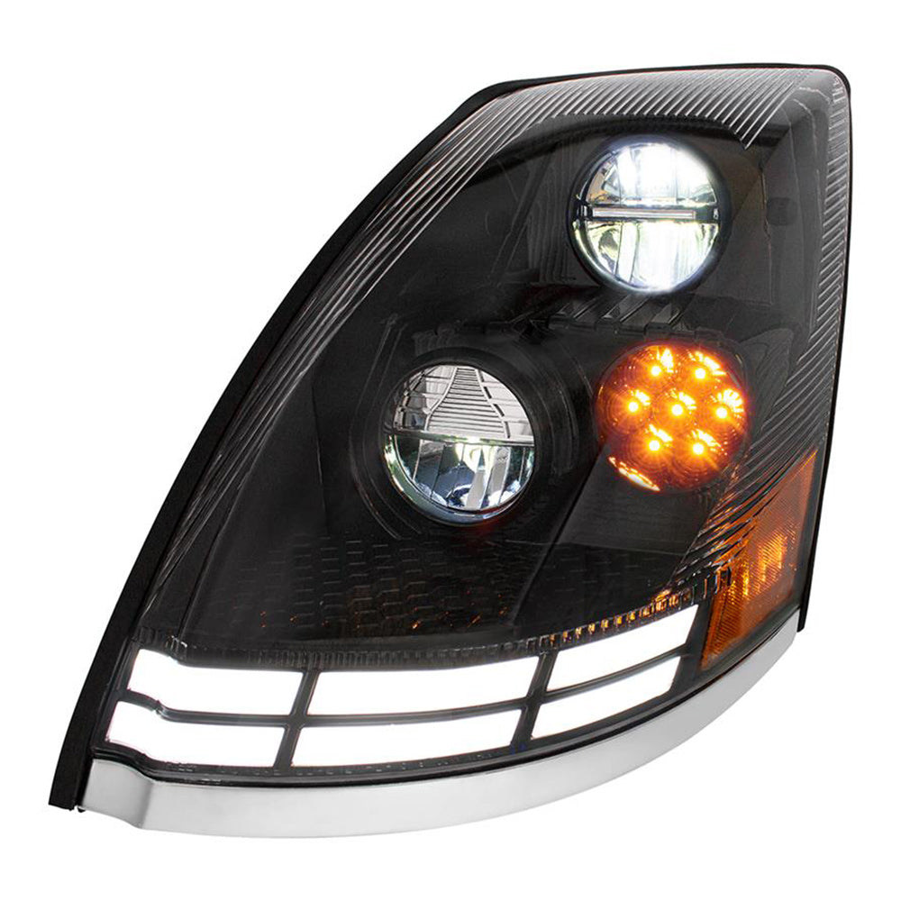 Volvo VN, VNL 2009-2017 Black LED Headlight with Dual Color LED Light Bars
