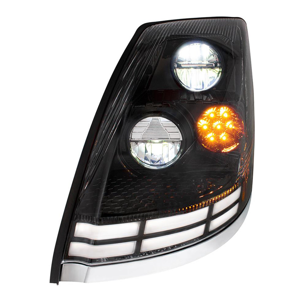 Volvo VN, VNL 2009-2017 Black LED Headlight with Dual Color LED Light Bars