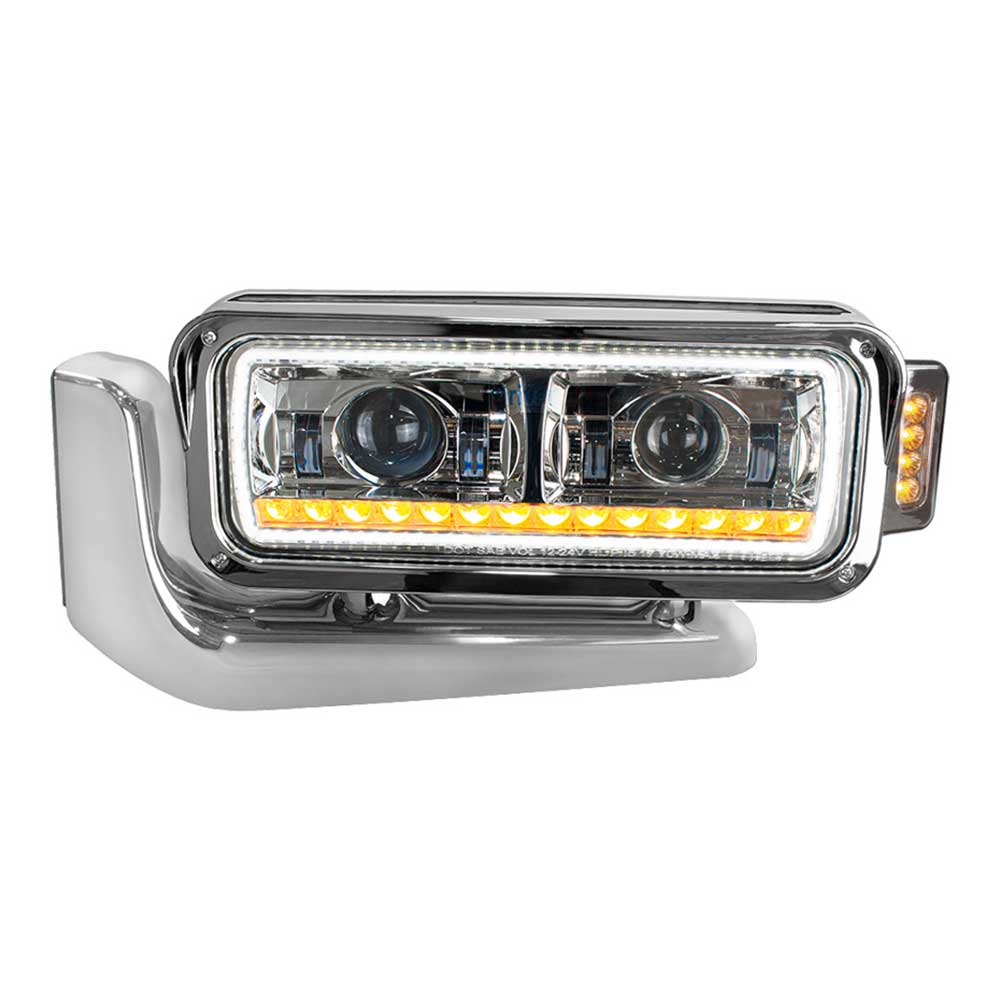 Peterbilt Chrome LED Projection Headlight Assembly with Mounting Arm and Turn Signal