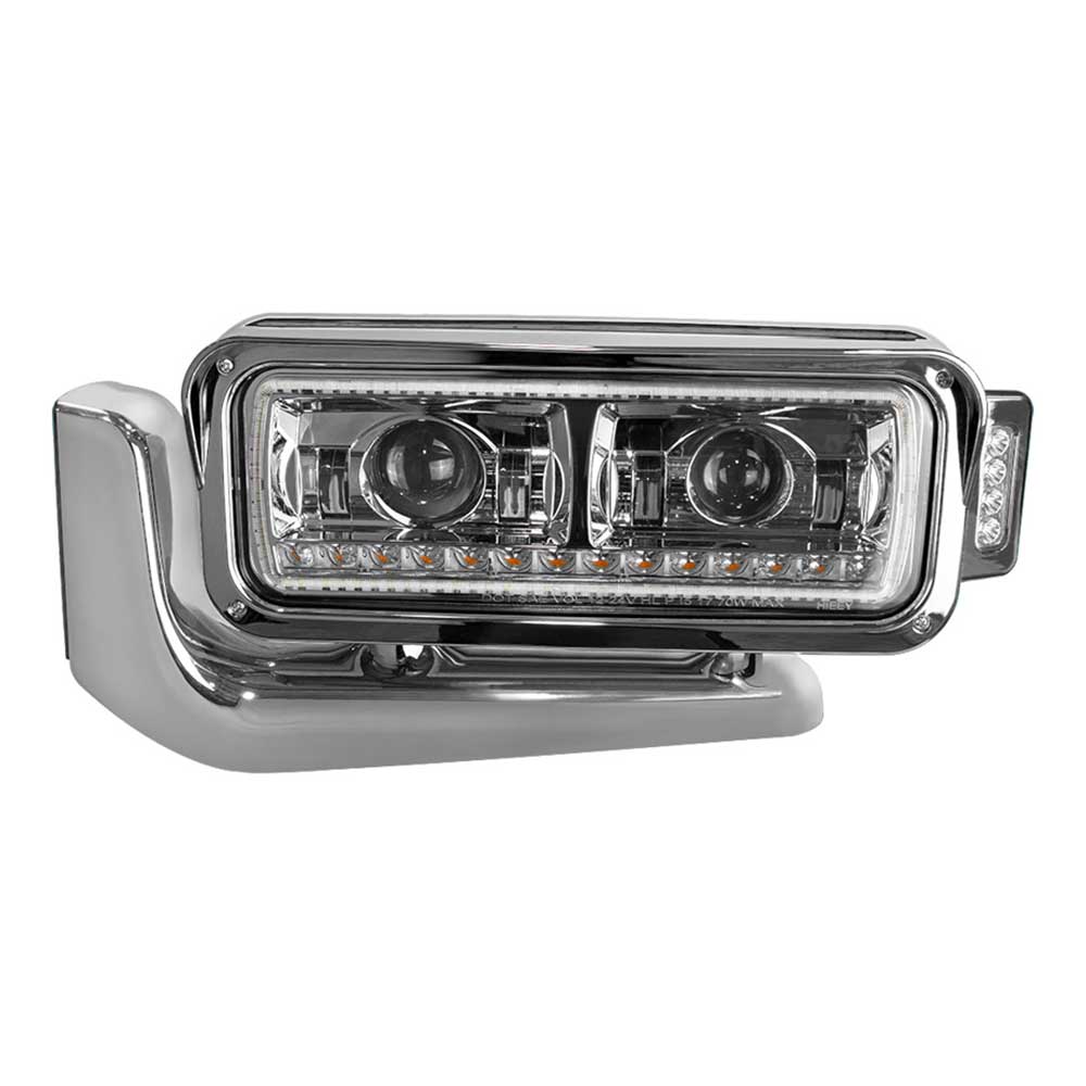Peterbilt Chrome LED Projection Headlight Assembly with Mounting Arm and Turn Signal