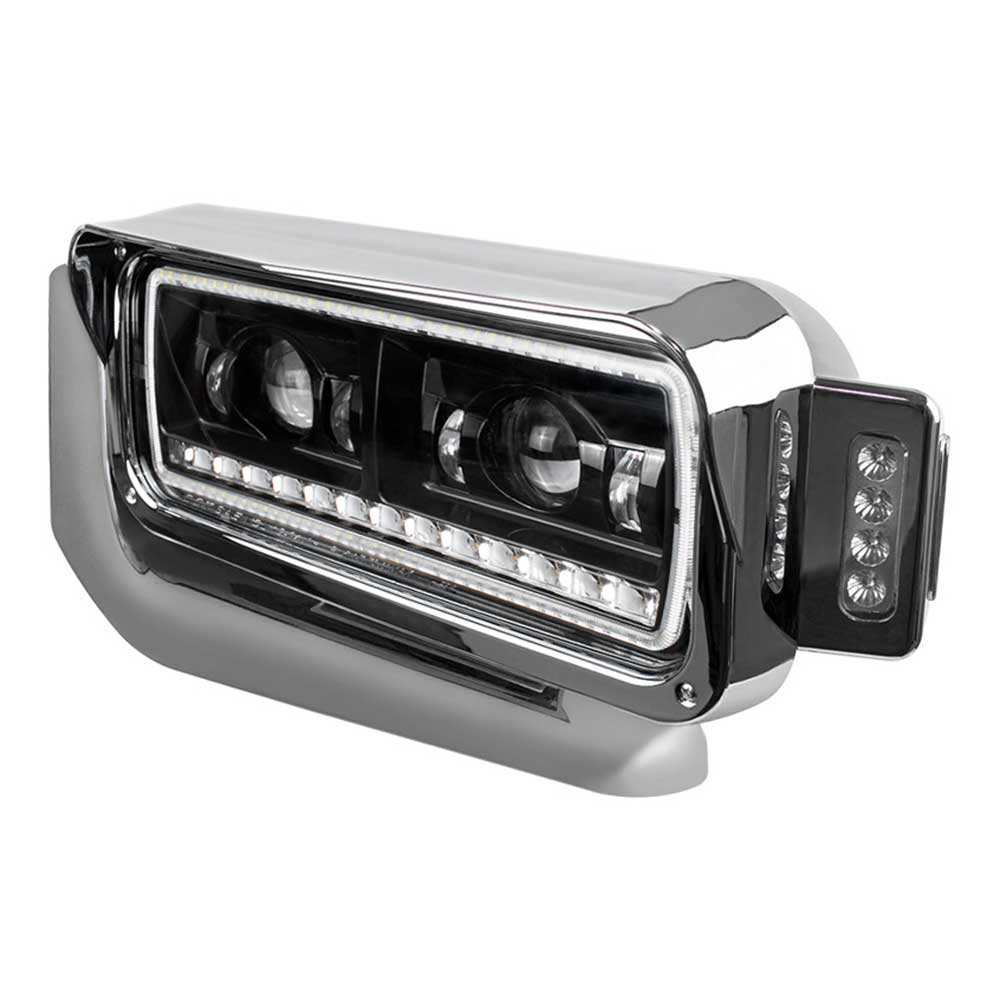 Peterbilt LED Projection Headlight Assembly with Mounting Arm, Turn Signal and Black Inner Housing