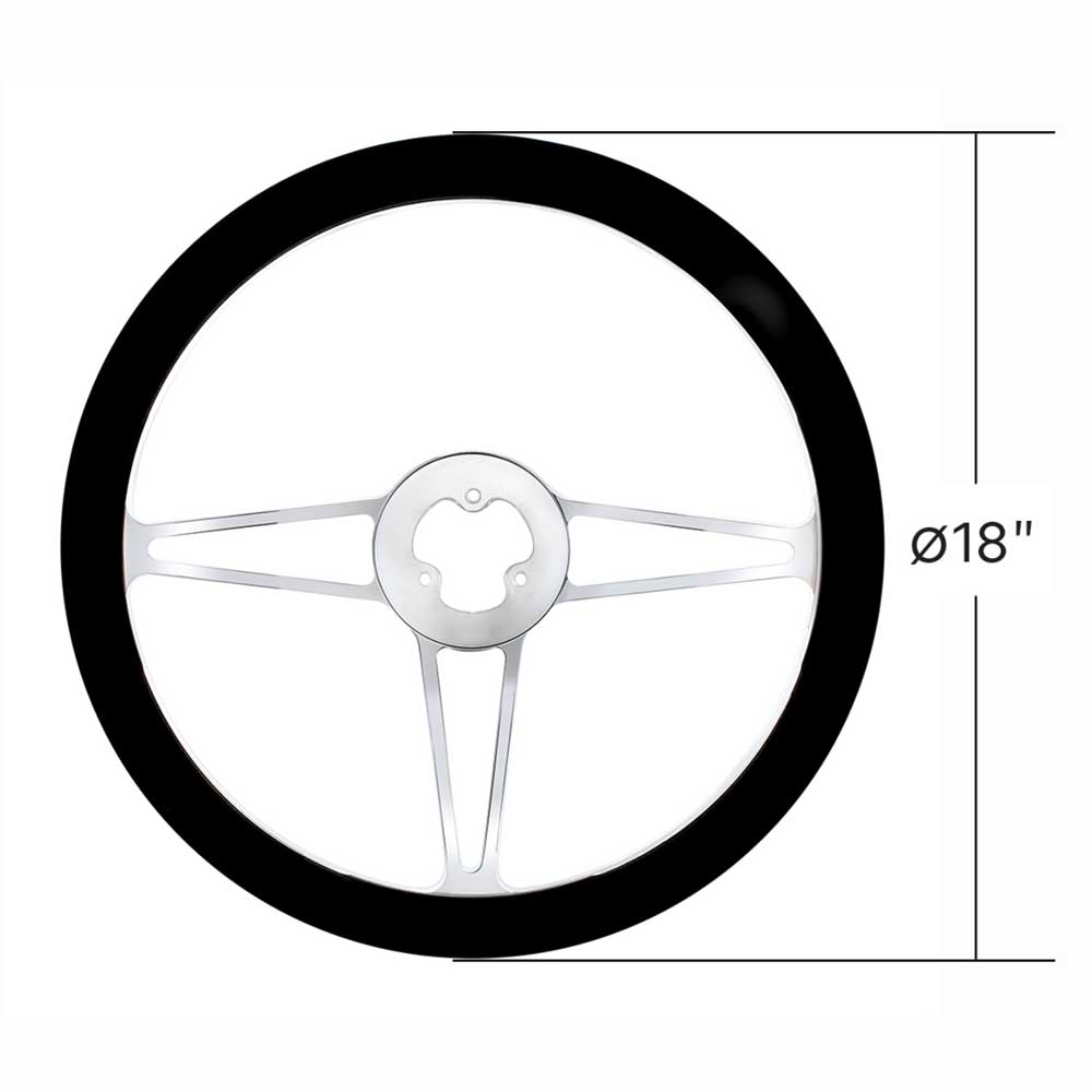 18" Chrome Aluminum 3 Spoke with Black Leather Rim Steering Wheel