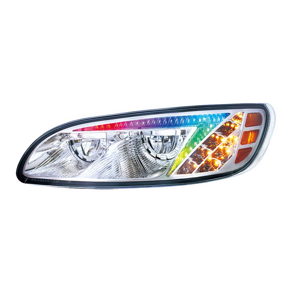 Peterbilt 382, 384, 386, 387 Chrome LED Headlight with RGB Position Light Bar