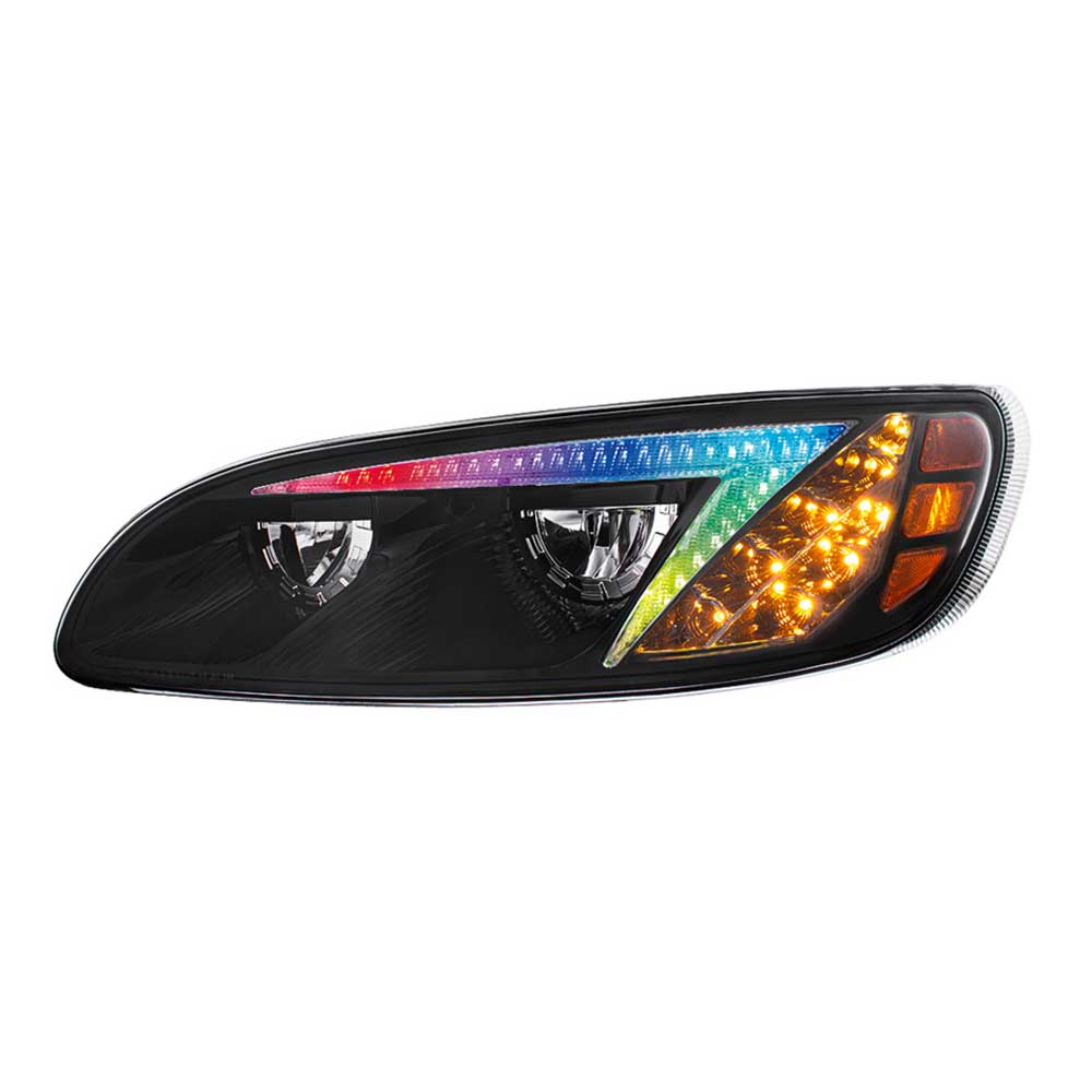 Peterbilt 382, 384, 386, 387 Black Inner Housing LED Headlight with RGB Position Light Bar