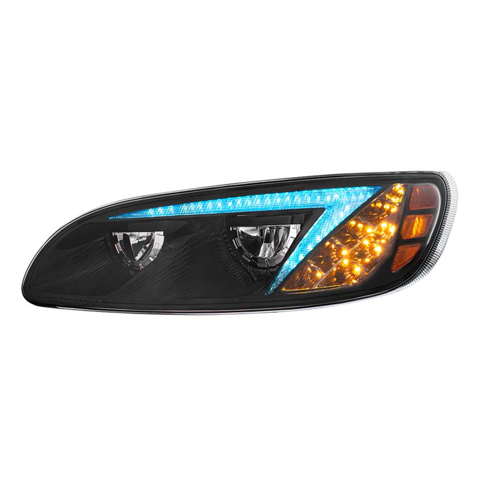 Peterbilt 382, 384, 386, 387 Black Inner Housing LED Headlight with RGB Position Light Bar