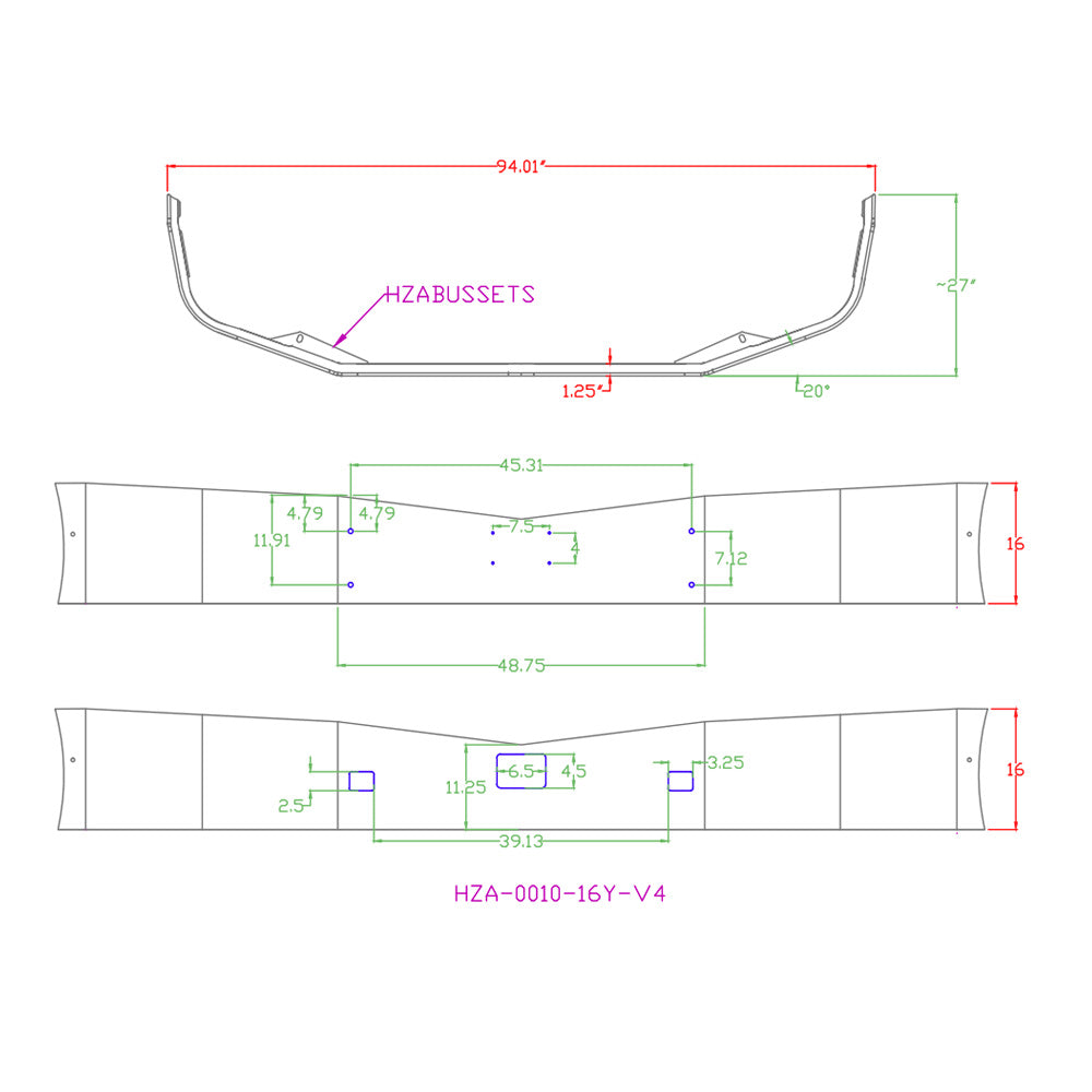 Peterbilt 579 2021+ Setback Axle 16.5" Chrome Bumper with Tow and Radar Holes