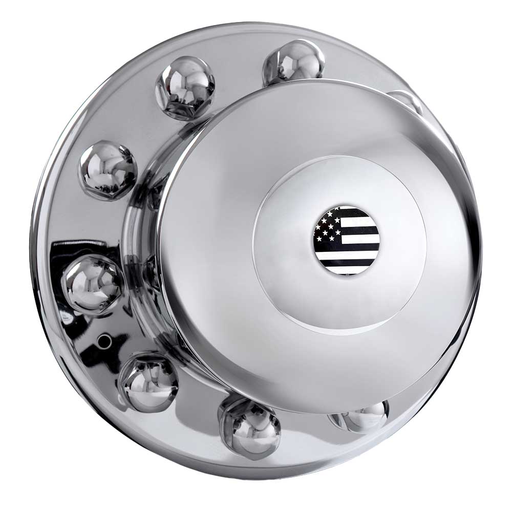 22-1/2", 24-1/2" Mirror SS Unitized Cover-Up for Rear Hub Covers w/ Floating Flag