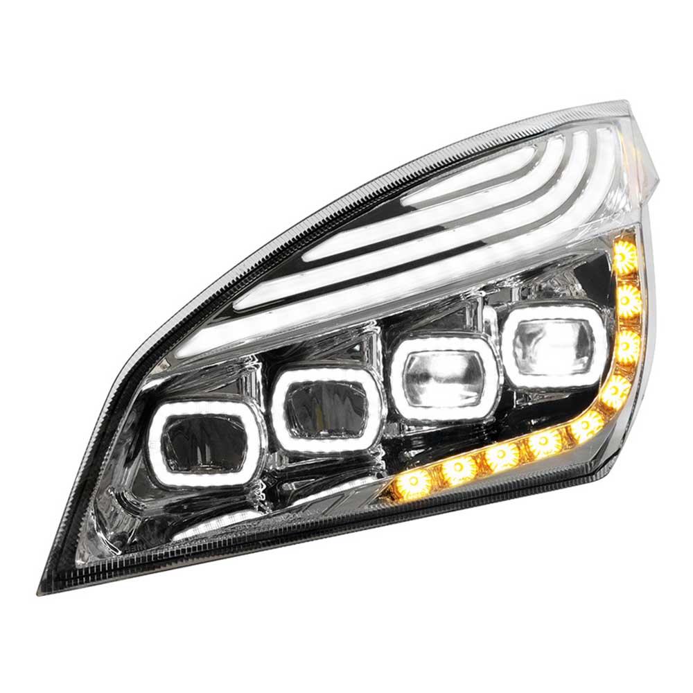 Freightliner Cascadia 2018+ Chrome Quad LED Headlight with LED DRL & Sequential Signal