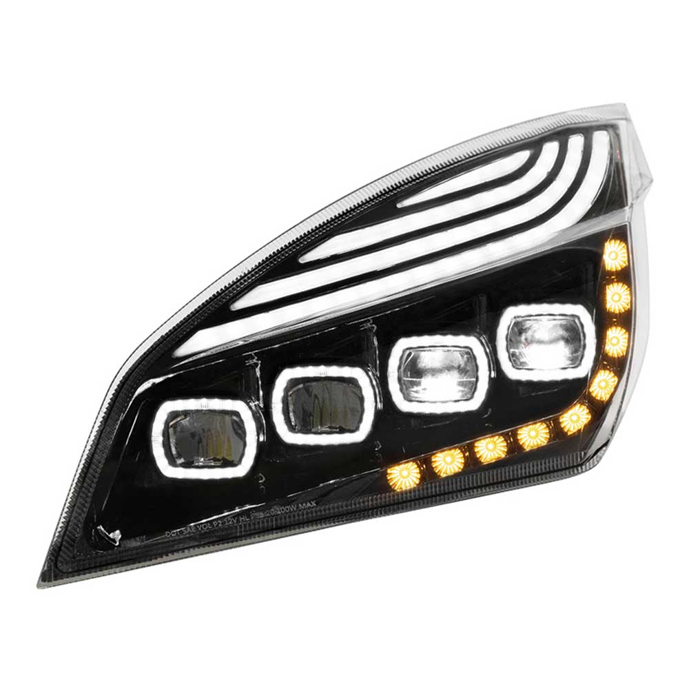 Freightliner Cascadia 2018+ Black Quad LED Headlight with LED DRL & Sequential Signal