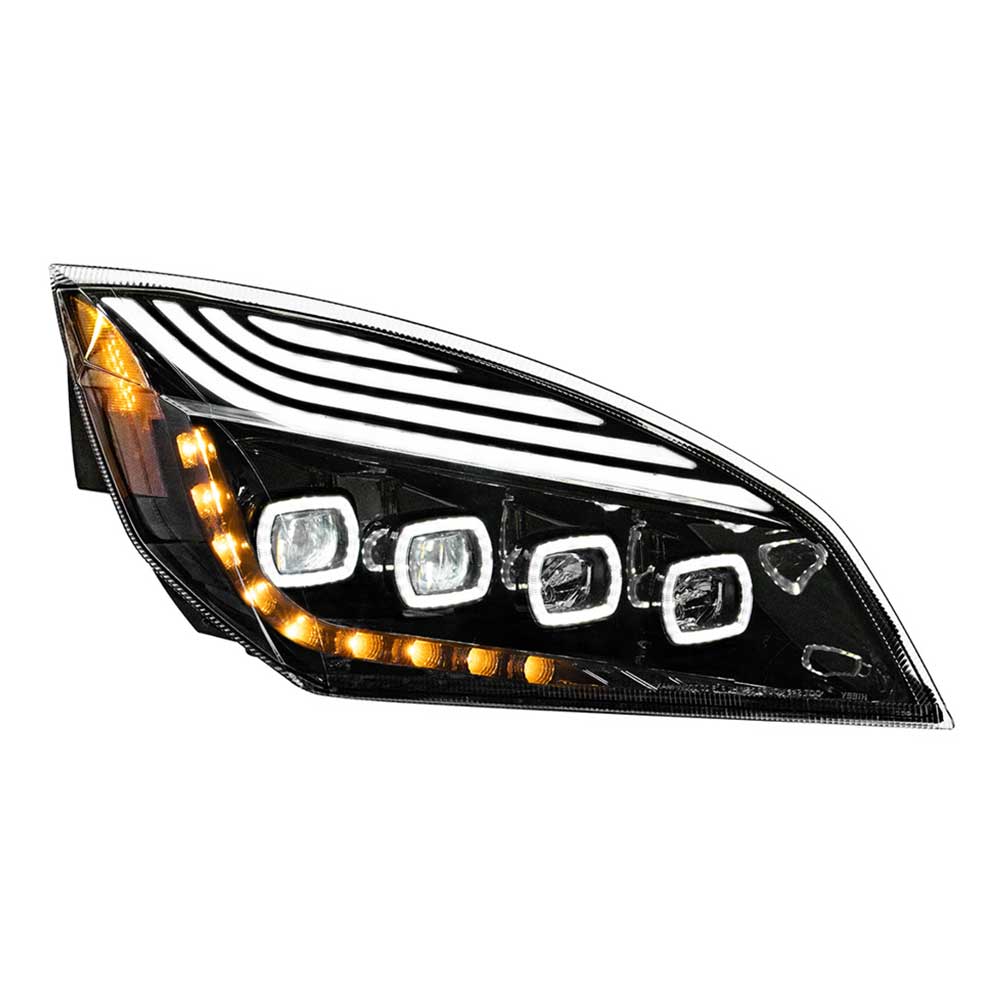 Freightliner Cascadia 2018+ Black Quad LED Headlight with LED DRL & Sequential Signal