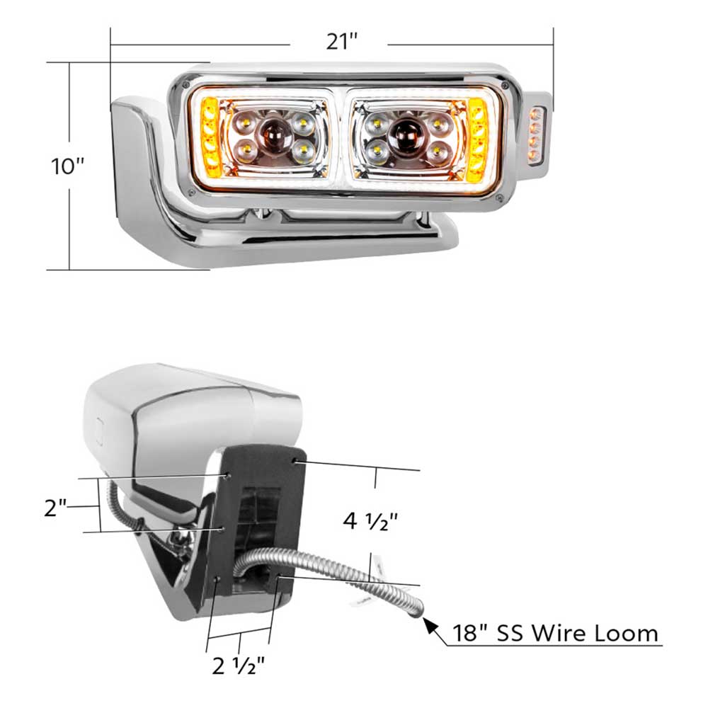 Peterbilt Chrome 10 High Power LED Projection Headlight Assembly with Mounting Arm and Turn Signal Side Pod