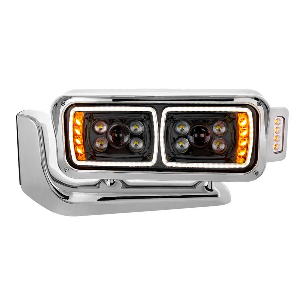 Peterbilt Black Inner Housing 10 High Power LED Projection Headlight Assembly with Mounting Arm and Turn Signal Side Pod