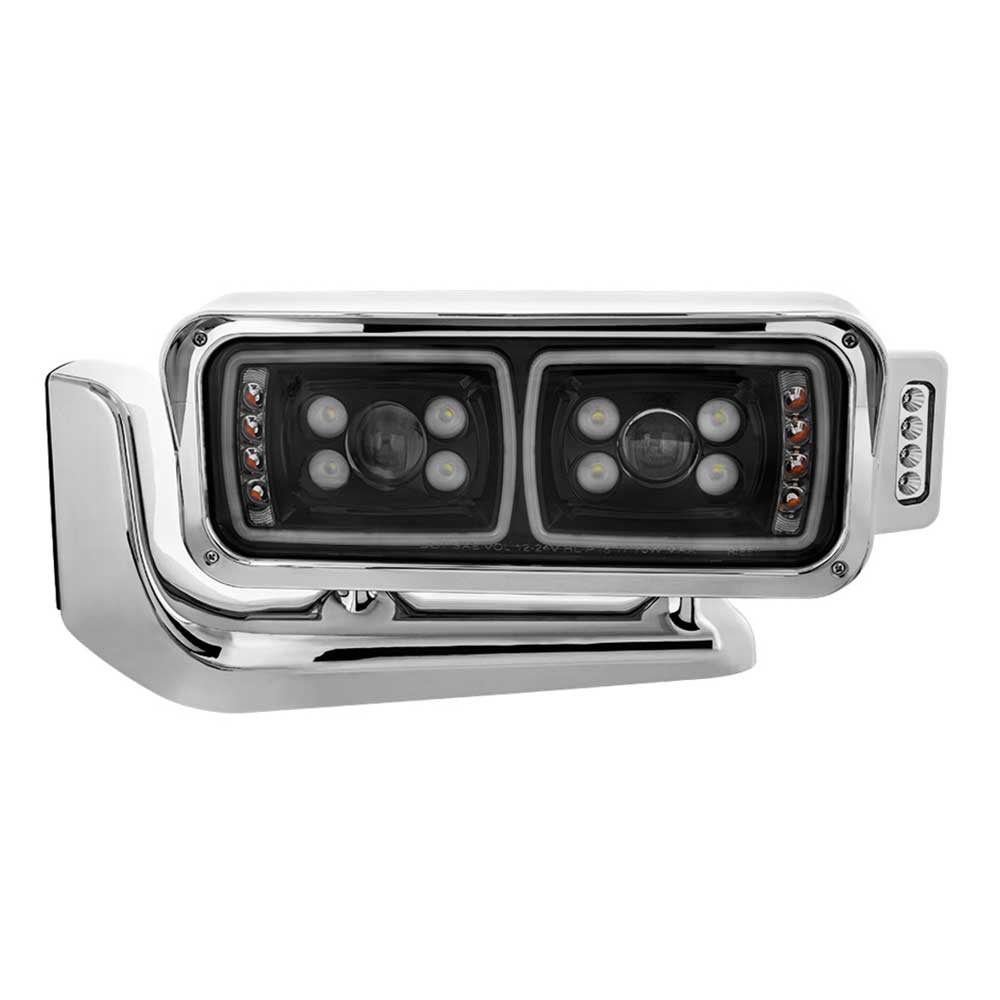Peterbilt Black Inner Housing 10 High Power LED Projection Headlight Assembly with Mounting Arm and Turn Signal Side Pod