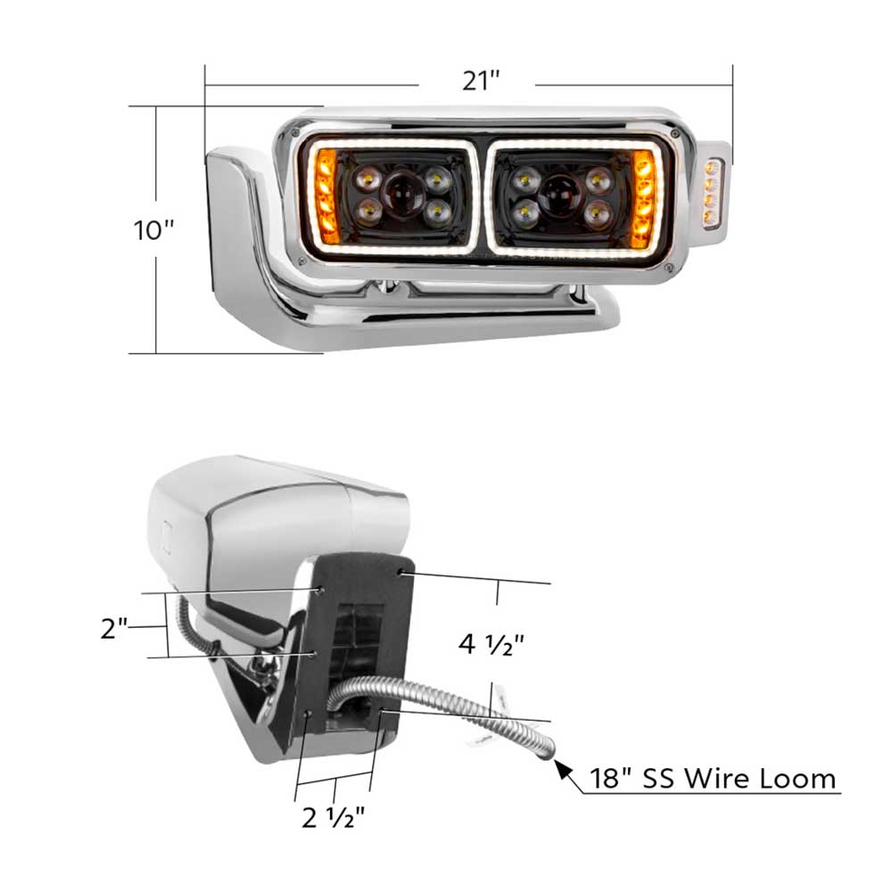 Peterbilt Black Inner Housing 10 High Power LED Projection Headlight Assembly with Mounting Arm and Turn Signal Side Pod