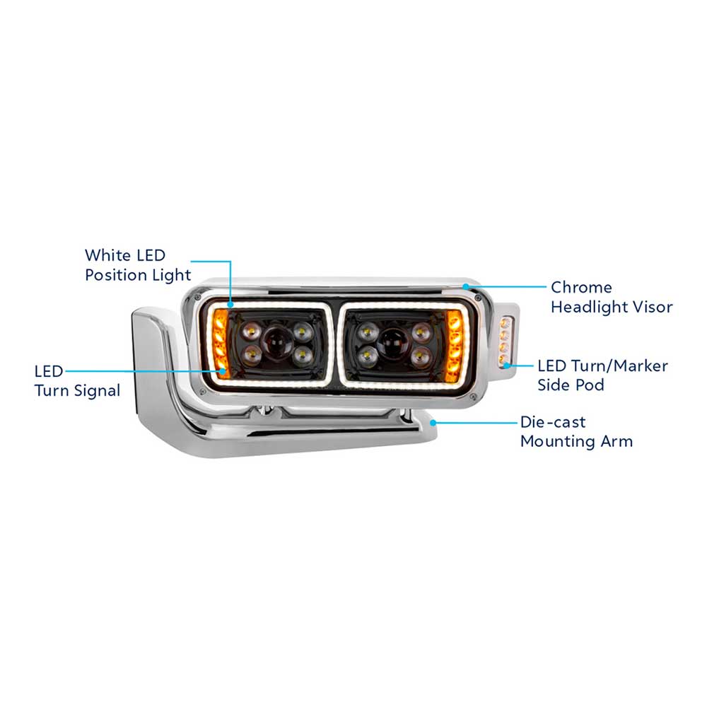 Peterbilt Black Inner Housing 10 High Power LED Projection Headlight Assembly with Mounting Arm and Turn Signal Side Pod