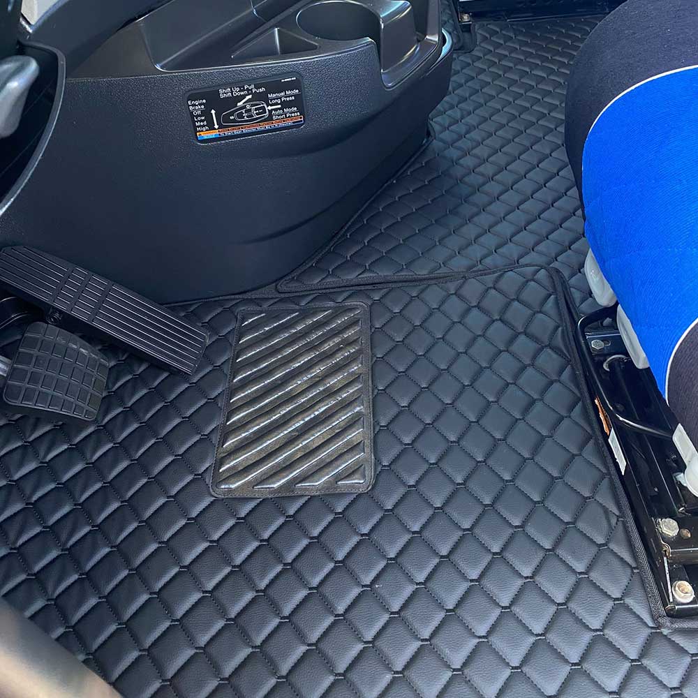 Freightliner Cascadia 2018+ Four Piece Black Faux Leather with Black Diamond Design Floor Mat Set