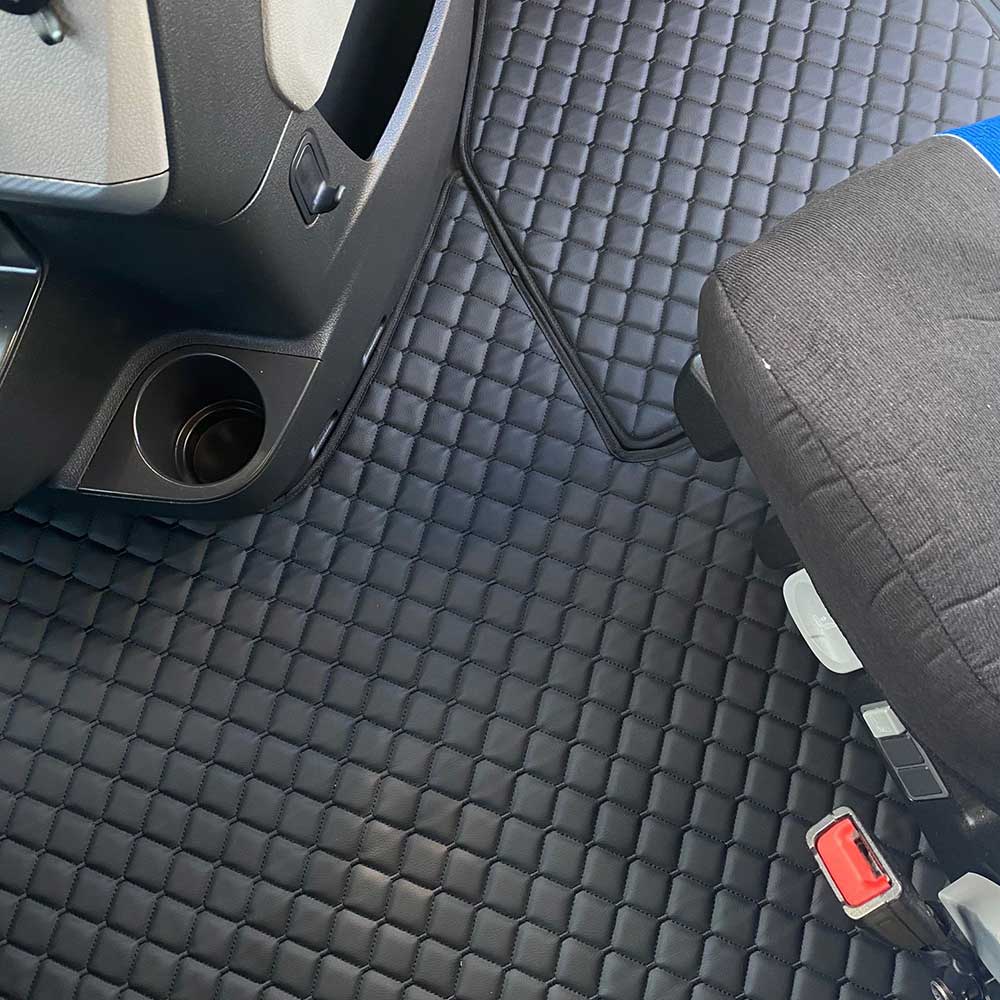 Freightliner Cascadia 2018+ Four Piece Black Faux Leather with Black Diamond Design Floor Mat Set