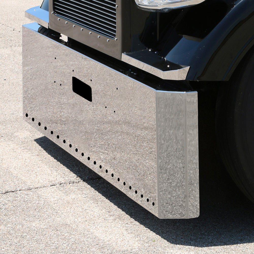 Peterbilt 379 Stainless Steel 20" Switchback End Bumper with 3/4" Light Cutouts with Tow Hole