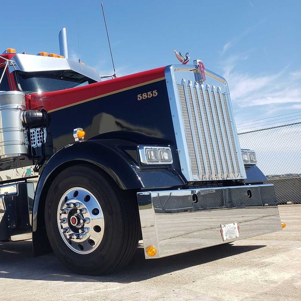 20" Kenworth W900L, W900B Mitered End Chrome Blind Mount Bumper with Watermelon Side Cutouts with Tow Holes