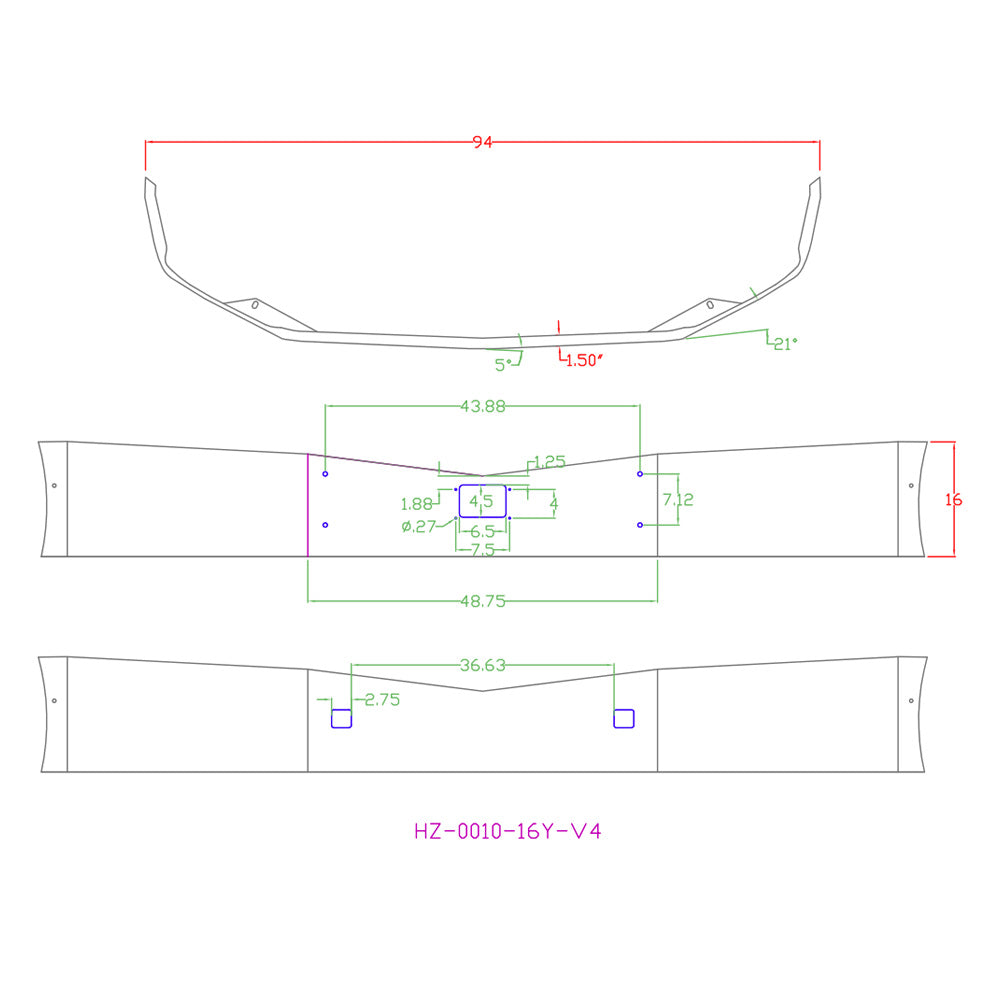 Peterbilt 579 2012-2020 Setback Axle 16.5" Chrome Bumper with Tow and Radar Holes